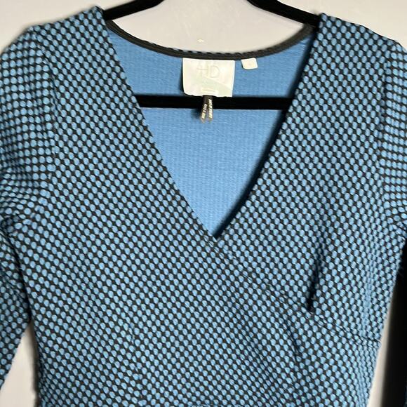HD in Paris Blue and Black Wrap Dress With 3/4 Length Sleeves Size Small - Picture 3 of 7